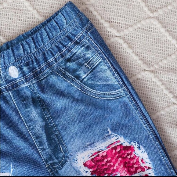 Girls Cute Heart Outfit Casual Love Print Knit Top And Denim Effect Long… - Picture 6 of 7